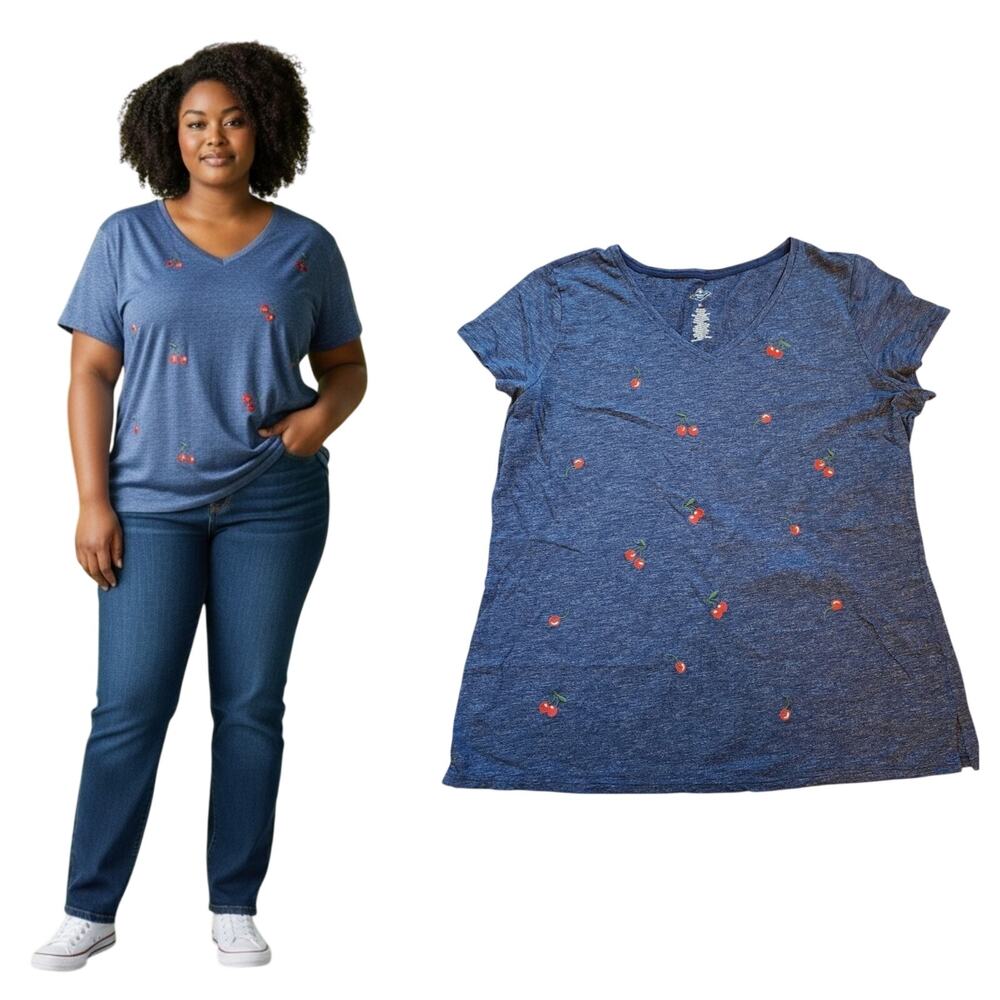 St Johns Bay Womens V-Neck Tee Size XL Blue Embroidered Cherries Short Sleeve